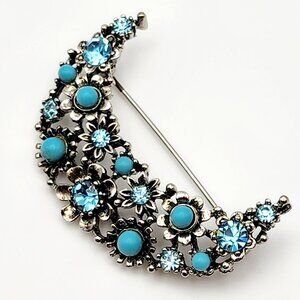 Vintage LISNER Blue Rhinestone Flower Crescent Moon Brooch
